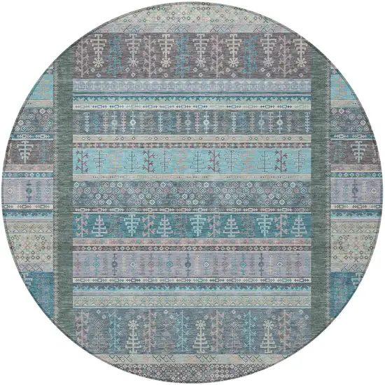 8' Teal Blue Beige And Pale Aqua Round Striped Washable Indoor Outdoor Area Rug Photo 4