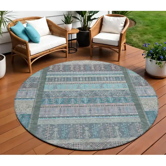 8' Teal Blue Beige And Pale Aqua Round Striped Washable Indoor Outdoor Area Rug Photo 2