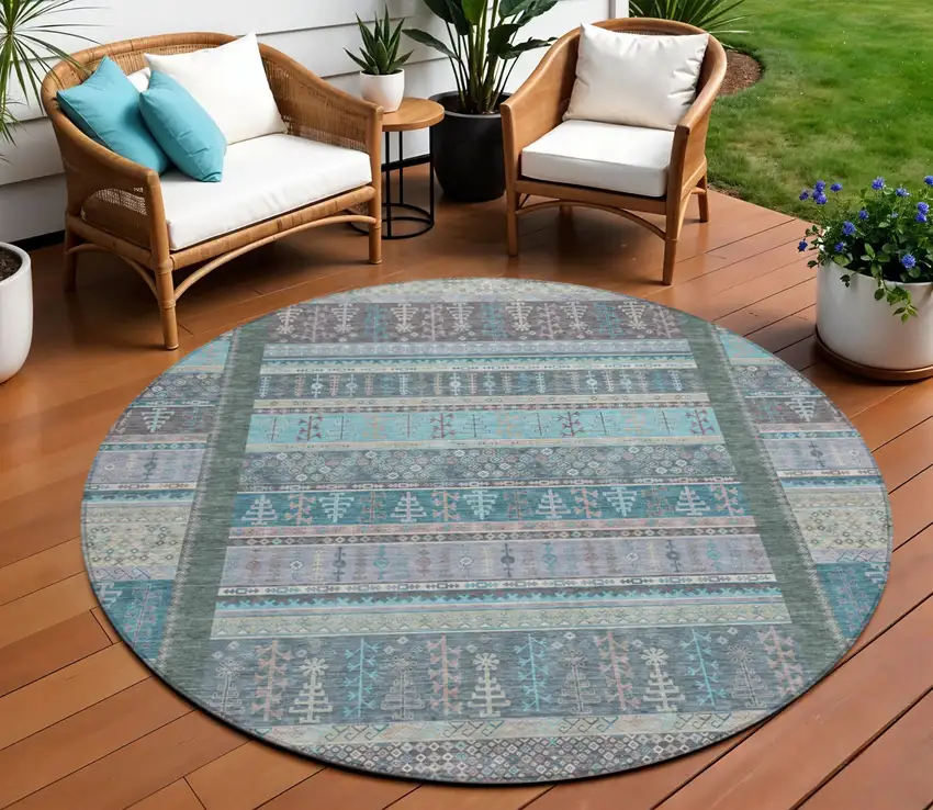 8' Teal Blue Beige And Pale Aqua Round Striped Washable Indoor Outdoor Area Rug Photo 2