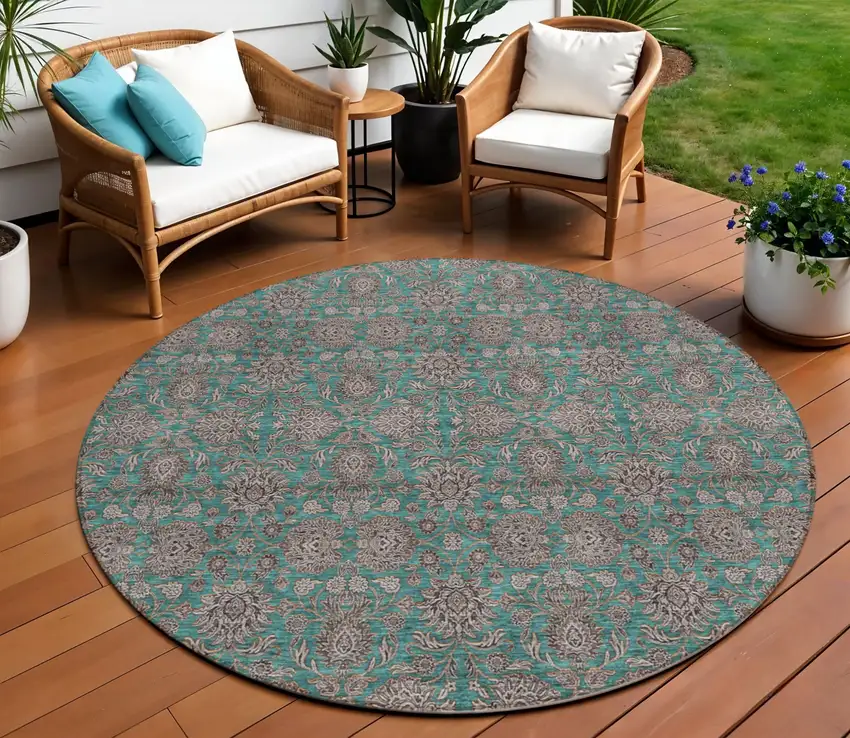 8' Teal Blue Beige And Taupe Round Floral Washable Indoor Outdoor Area Rug Photo 1