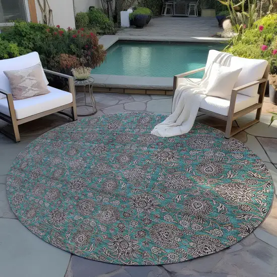 8' Teal Blue Beige And Taupe Round Floral Washable Indoor Outdoor Area Rug Photo 7