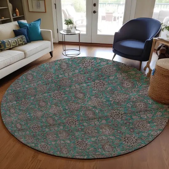 8' Teal Blue Beige And Taupe Round Floral Washable Indoor Outdoor Area Rug Photo 8