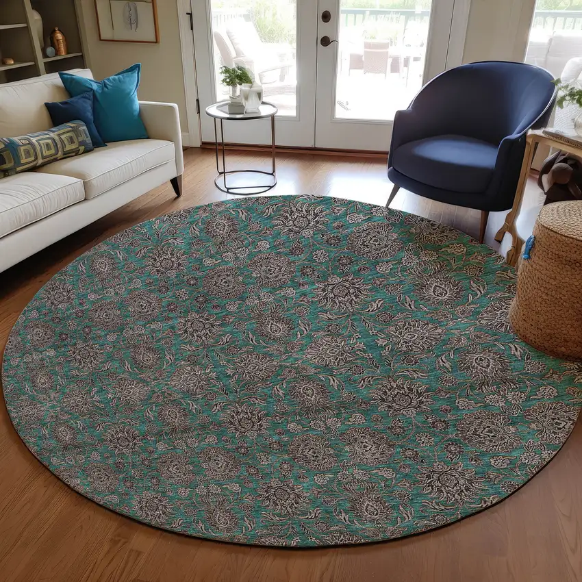 8' Teal Blue Beige And Taupe Round Floral Washable Indoor Outdoor Area Rug Photo 8