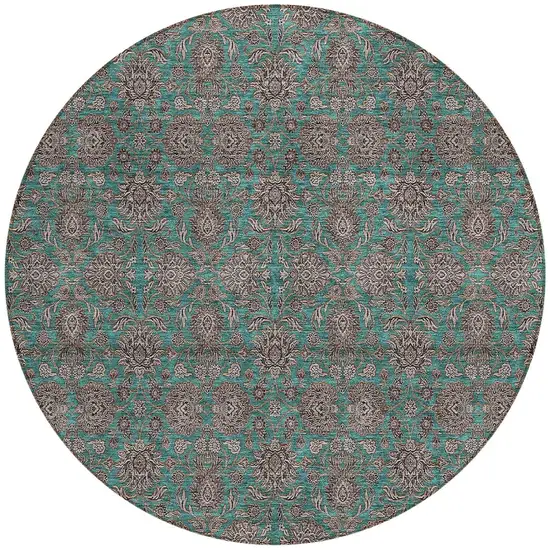 8' Teal Blue Beige And Taupe Round Floral Washable Indoor Outdoor Area Rug Photo 6