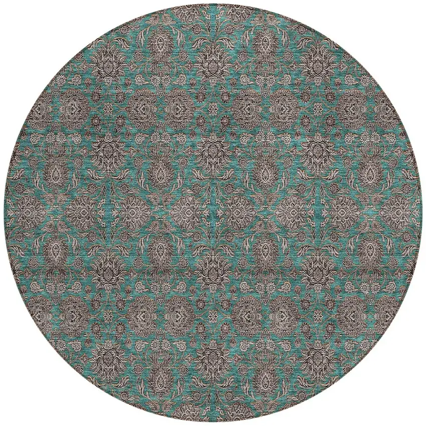 8' Teal Blue Beige And Taupe Round Floral Washable Indoor Outdoor Area Rug Photo 6