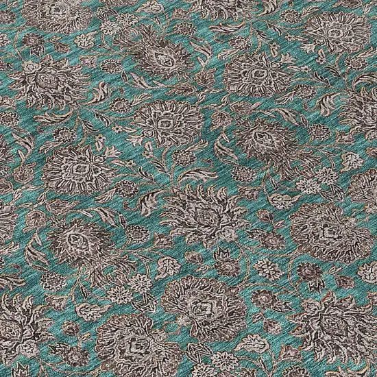 8' Teal Blue Beige And Taupe Round Floral Washable Indoor Outdoor Area Rug Photo 4