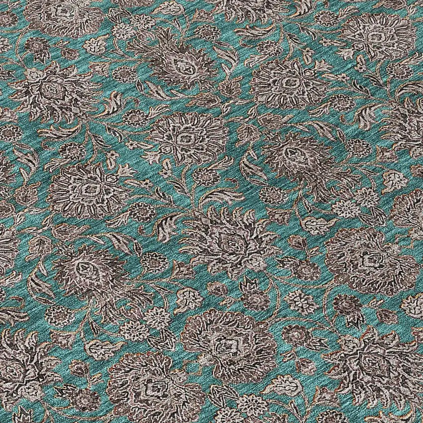8' Teal Blue Beige And Taupe Round Floral Washable Indoor Outdoor Area Rug Photo 4