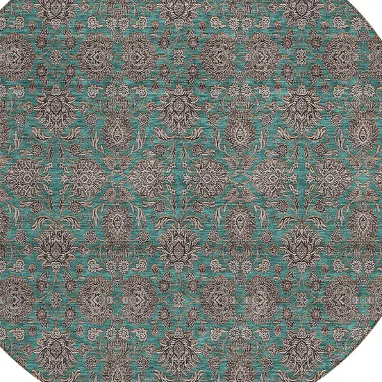 8' Teal Blue Beige And Taupe Round Floral Washable Indoor Outdoor Area Rug Photo 5
