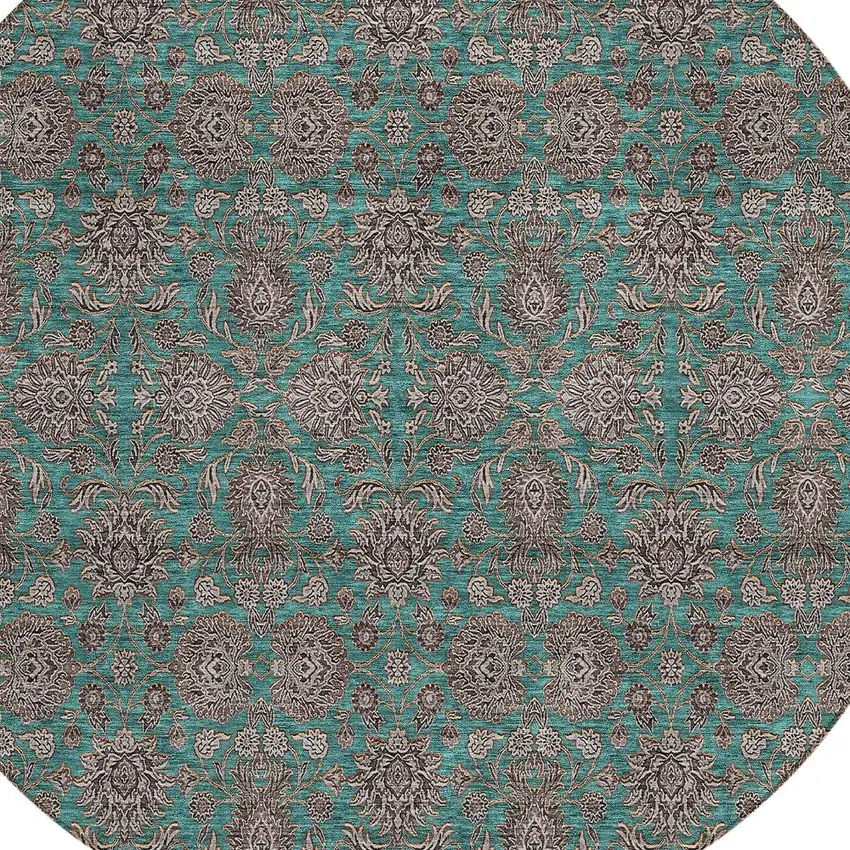 8' Teal Blue Beige And Taupe Round Floral Washable Indoor Outdoor Area Rug Photo 5