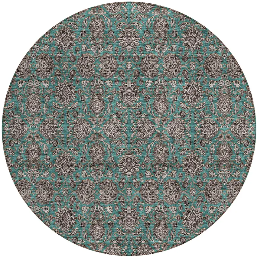8' Teal Blue Beige And Taupe Round Floral Washable Indoor Outdoor Area Rug Photo 1