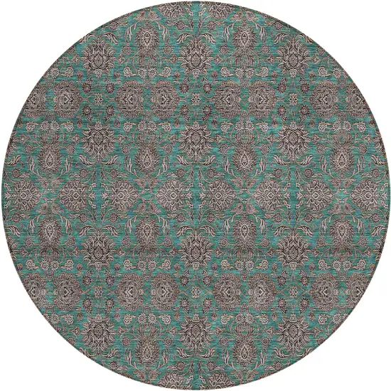 8' Teal Blue Beige And Taupe Round Floral Washable Indoor Outdoor Area Rug Photo 1