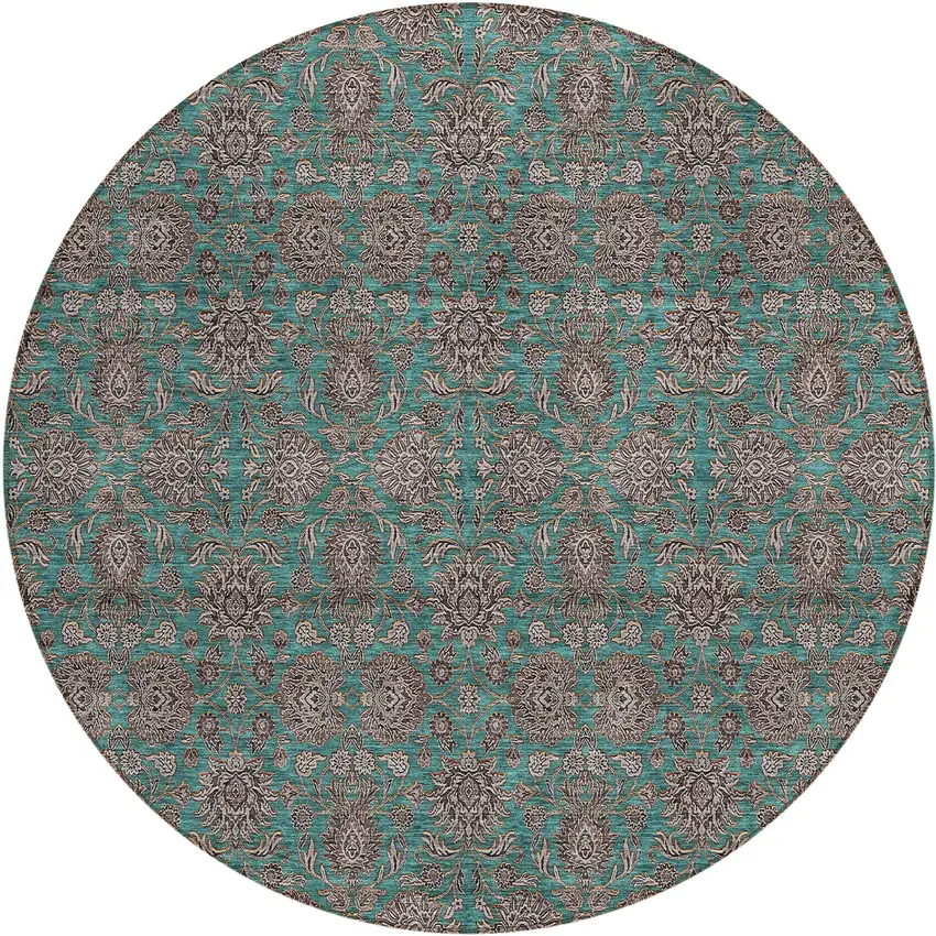 8' Teal Blue Beige And Taupe Round Floral Washable Indoor Outdoor Area Rug Photo 1