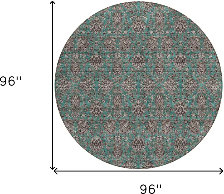 8' Teal Blue Beige And Taupe Round Floral Washable Indoor Outdoor Area Rug Photo 9