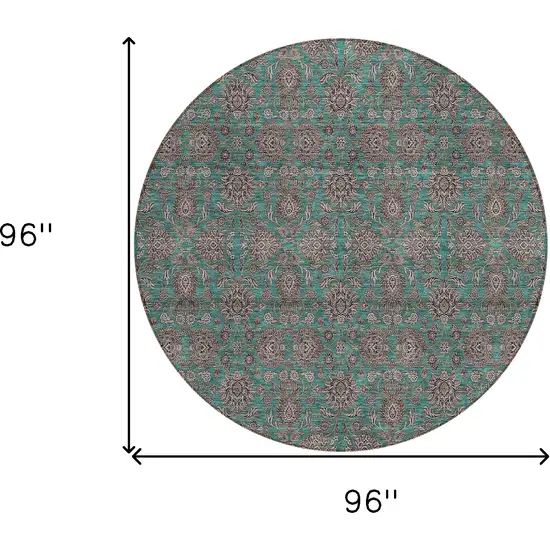 8' Teal Blue Beige And Taupe Round Floral Washable Indoor Outdoor Area Rug Photo 9