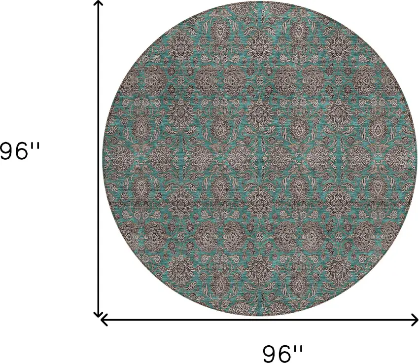 8' Teal Blue Beige And Taupe Round Floral Washable Indoor Outdoor Area Rug Photo 9