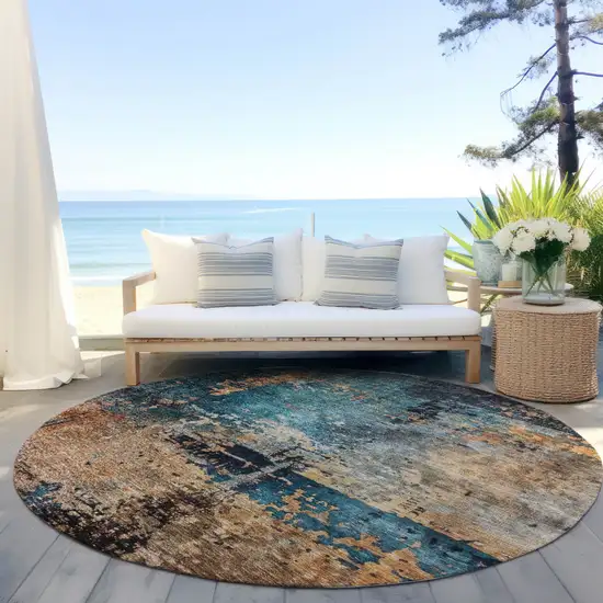 8' Teal Blue Black And Copper Round Abstract Washable Indoor Outdoor Area Rug Photo 6