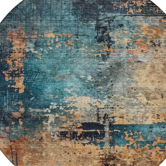 8' Teal Blue Black And Copper Round Abstract Washable Indoor Outdoor Area Rug Photo 4
