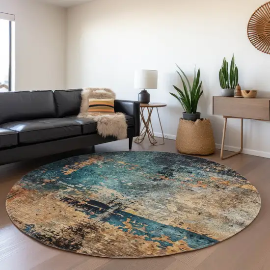 8' Teal Blue Black And Copper Round Abstract Washable Indoor Outdoor Area Rug Photo 7