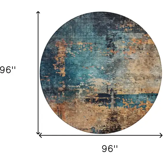 8' Teal Blue Black And Copper Round Abstract Washable Indoor Outdoor Area Rug Photo 3