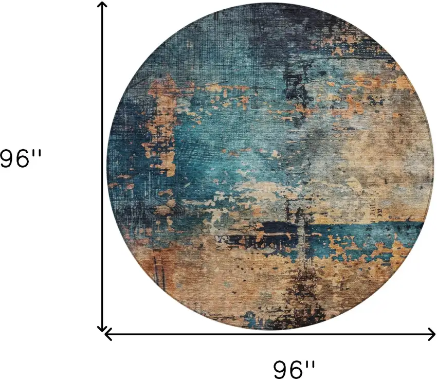 8' Teal Blue Black And Copper Round Abstract Washable Indoor Outdoor Area Rug Photo 3