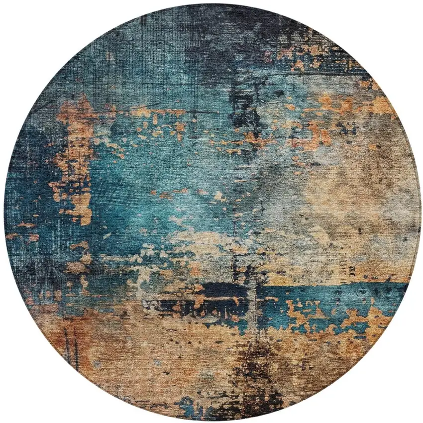 8' Teal Blue Black And Copper Round Abstract Washable Indoor Outdoor Area Rug Photo 5