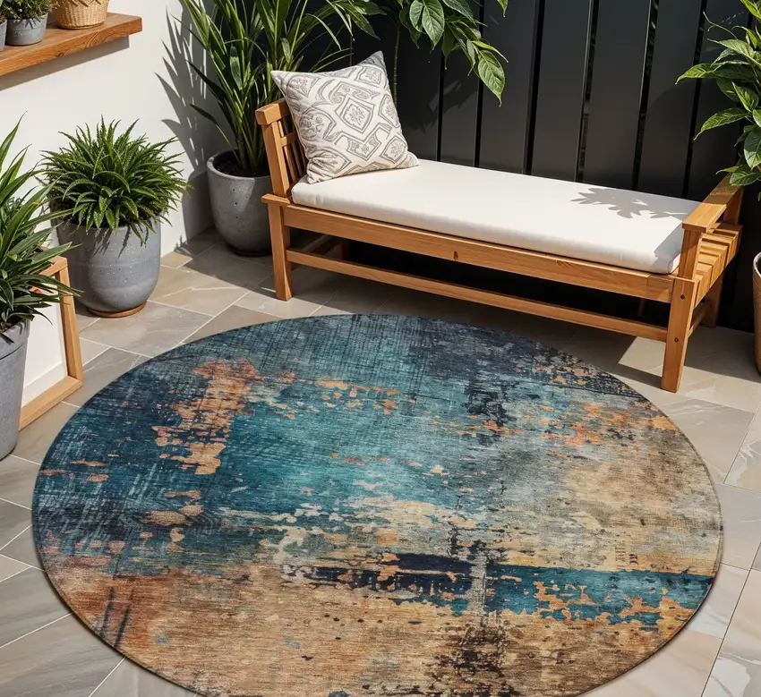8' Teal Blue Black And Copper Round Abstract Washable Indoor Outdoor Area Rug Photo 1