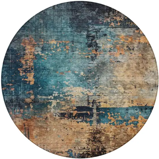 8' Teal Blue Black And Copper Round Abstract Washable Indoor Outdoor Area Rug Photo 2