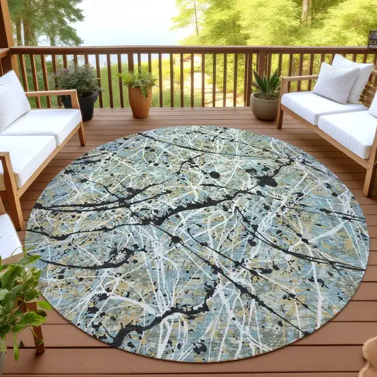 8' Teal Blue Black And Ivory Round Abstract Washable Indoor Outdoor Area Rug Photo 4