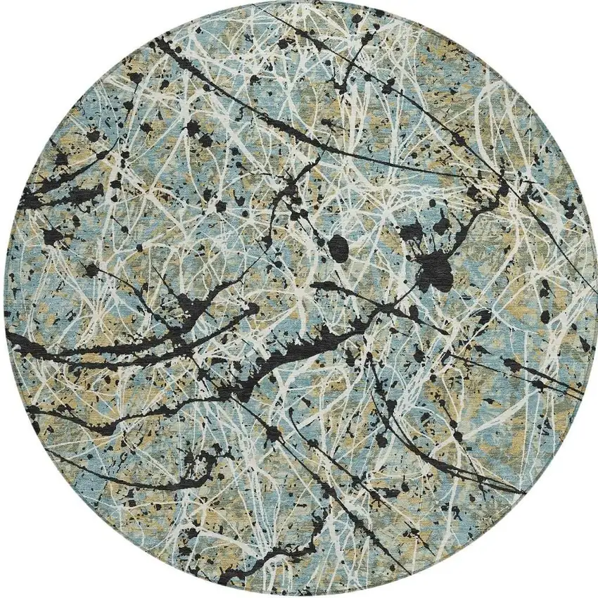 8' Teal Blue Black And Ivory Round Abstract Washable Indoor Outdoor Area Rug Photo 3