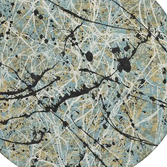 8' Teal Blue Black And Ivory Round Abstract Washable Indoor Outdoor Area Rug Photo 2