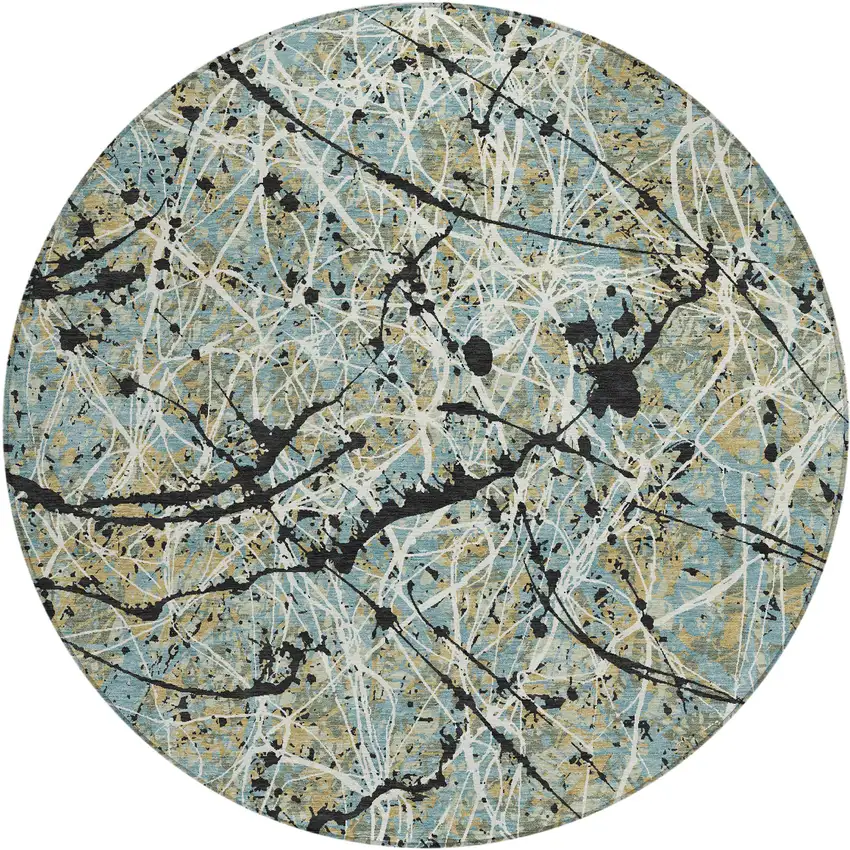 8' Teal Blue Black And Ivory Round Abstract Washable Indoor Outdoor Area Rug Photo 1
