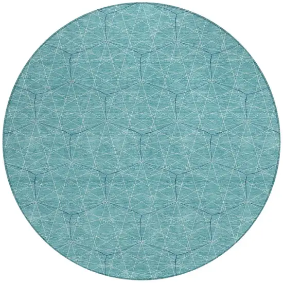 8' Teal Blue Black And Ivory Round Geometric Washable Indoor Outdoor Area Rug Photo 5