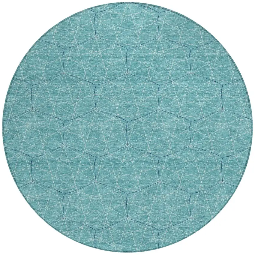 8' Teal Blue Black And Ivory Round Geometric Washable Indoor Outdoor Area Rug Photo 5
