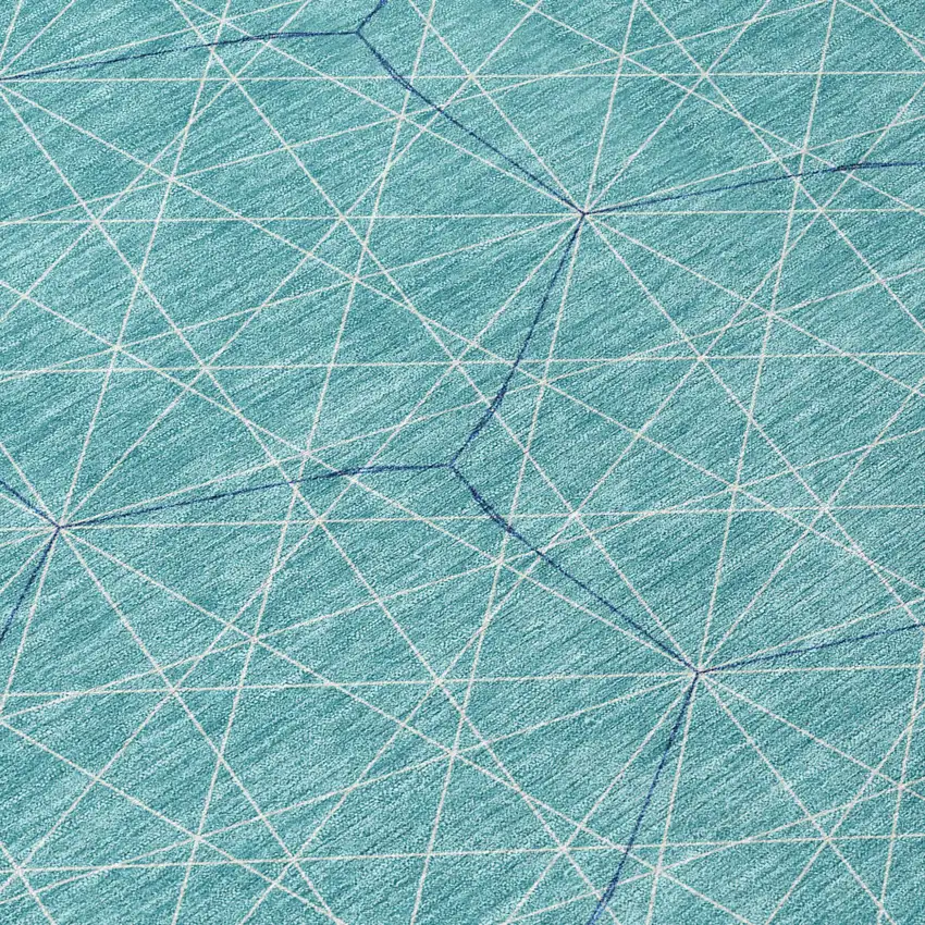8' Teal Blue Black And Ivory Round Geometric Washable Indoor Outdoor Area Rug Photo 8