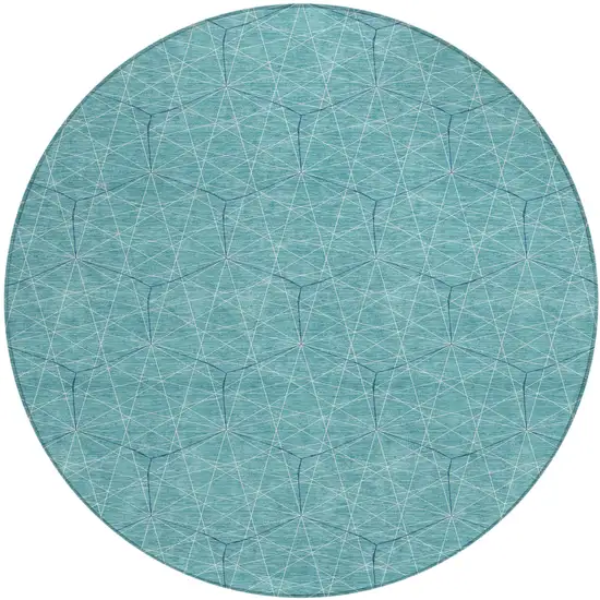 8' Teal Blue Black And Ivory Round Geometric Washable Indoor Outdoor Area Rug Photo 2