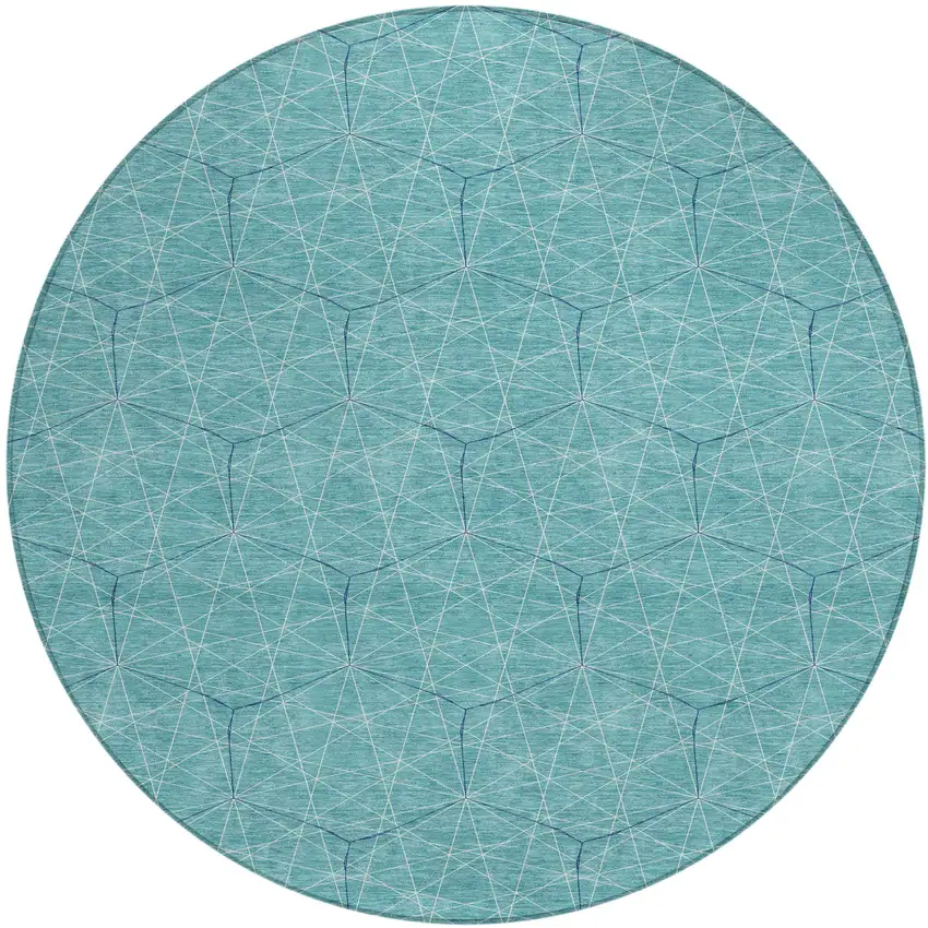 8' Teal Blue Black And Ivory Round Geometric Washable Indoor Outdoor Area Rug Photo 2