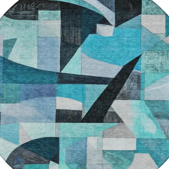 8' Teal Blue Black Aqua And Turquoise Round Abstract Washable Indoor Outdoor Area Rug Photo 4