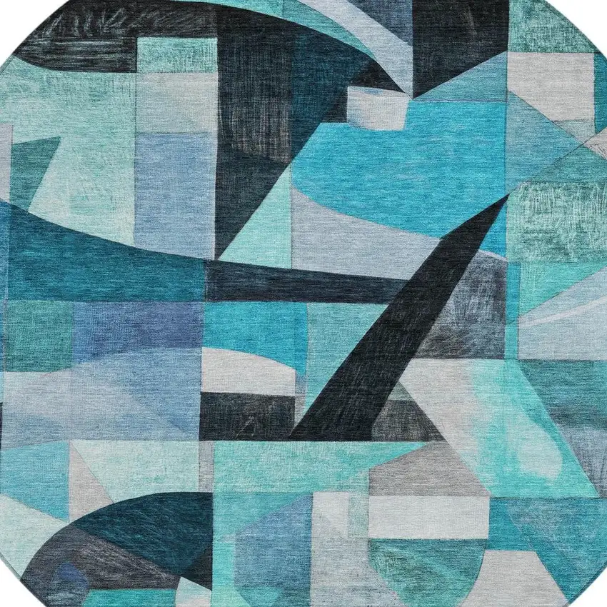 8' Teal Blue Black Aqua And Turquoise Round Abstract Washable Indoor Outdoor Area Rug Photo 4