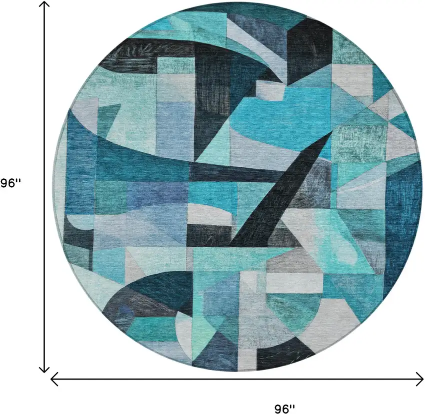 8' Teal Blue Black Aqua And Turquoise Round Abstract Washable Indoor Outdoor Area Rug Photo 9