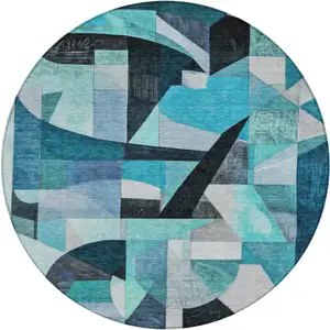 Photo of 8' Teal Blue Black Aqua And Turquoise Round Abstract Washable Indoor Outdoor Area Rug