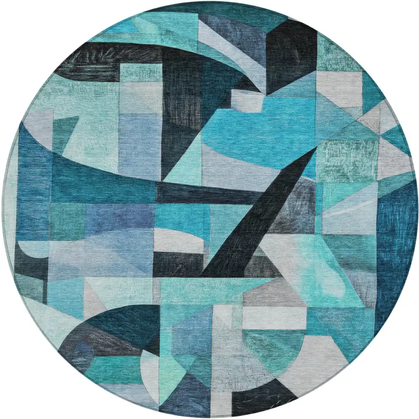 8' Teal Blue Black Aqua And Turquoise Round Abstract Washable Indoor Outdoor Area Rug Photo 1