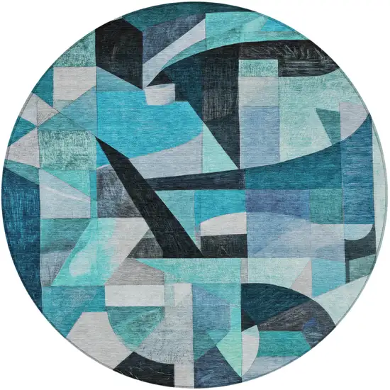 8' Teal Blue Black Aqua And Turquoise Round Abstract Washable Indoor Outdoor Area Rug Photo 3