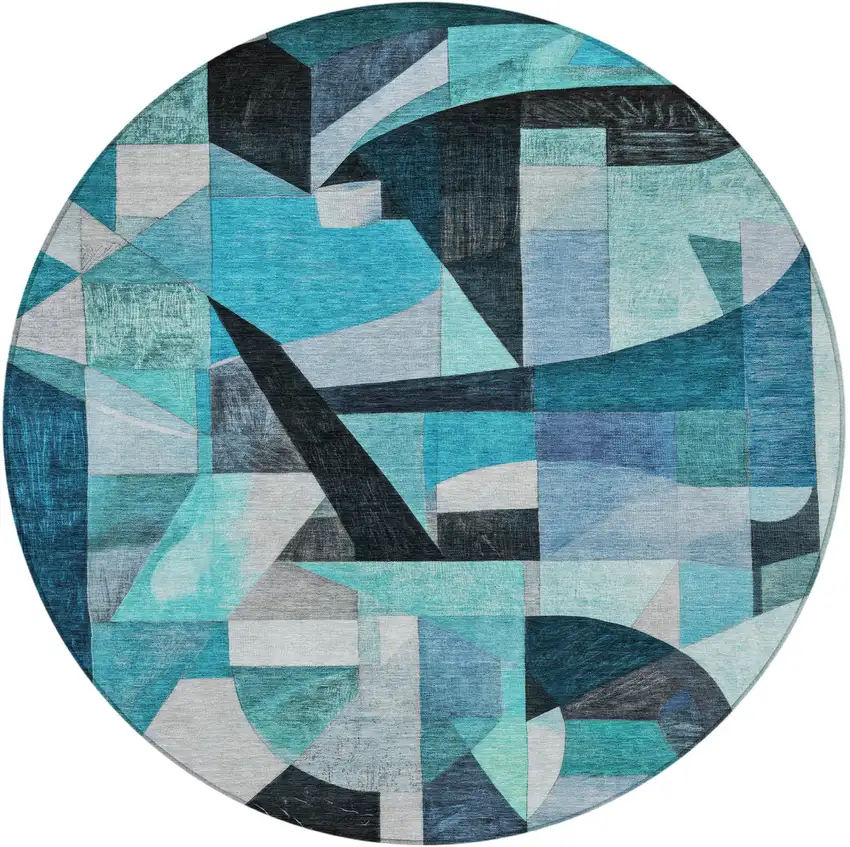 8' Teal Blue Black Aqua And Turquoise Round Abstract Washable Indoor Outdoor Area Rug Photo 3