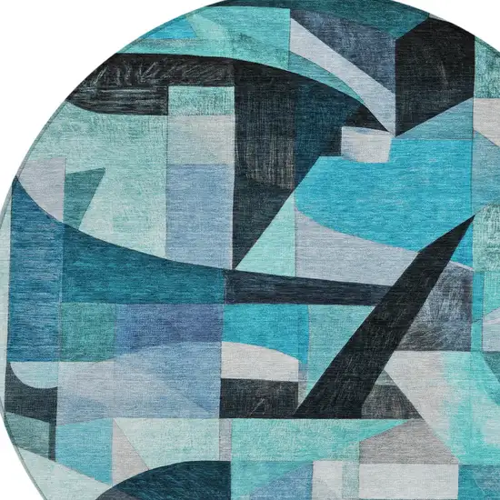 8' Teal Blue Black Aqua And Turquoise Round Abstract Washable Indoor Outdoor Area Rug Photo 8