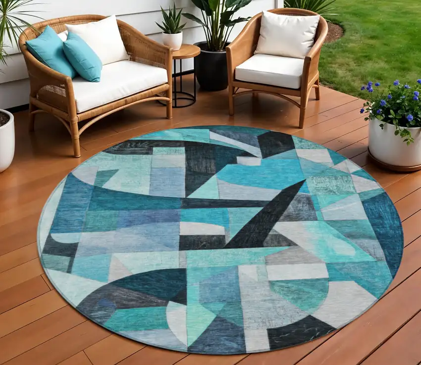 8' Teal Blue Black Aqua And Turquoise Round Abstract Washable Indoor Outdoor Area Rug Photo 2