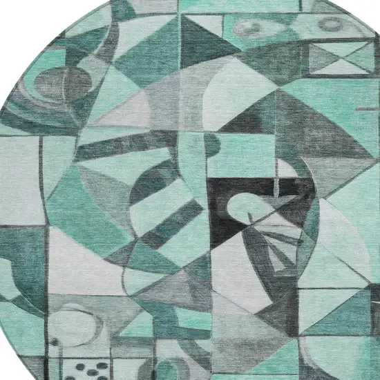 8' Teal Blue Black Ivory And Gray Round Abstract Washable Indoor Outdoor Area Rug Photo 8