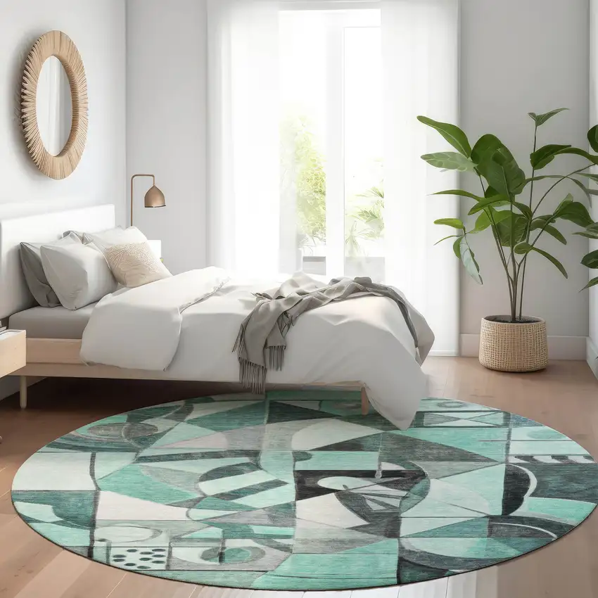 8' Teal Blue Black Ivory And Gray Round Abstract Washable Indoor Outdoor Area Rug Photo 6