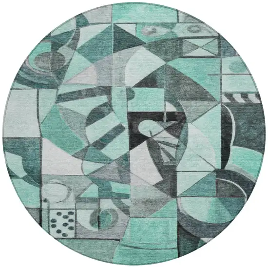 8' Teal Blue Black Ivory And Gray Round Abstract Washable Indoor Outdoor Area Rug Photo 3