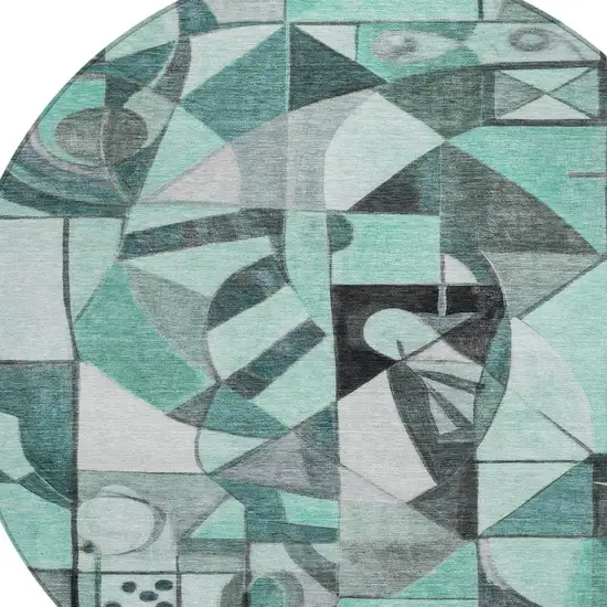 8' Teal Blue Black Ivory And Gray Round Abstract Washable Indoor Outdoor Area Rug Photo 4