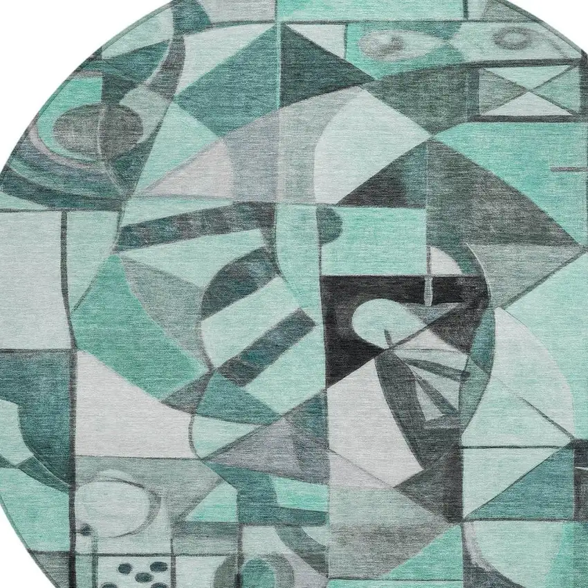 8' Teal Blue Black Ivory And Gray Round Abstract Washable Indoor Outdoor Area Rug Photo 4